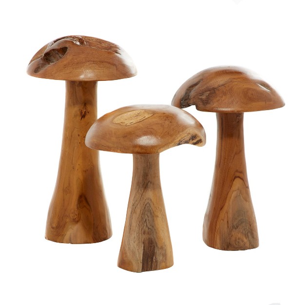 Set Of 3 Teak Wood Mushroom Handmade Live Edge Sculpture With Natural Smooth Finish Brown Olivia amp May