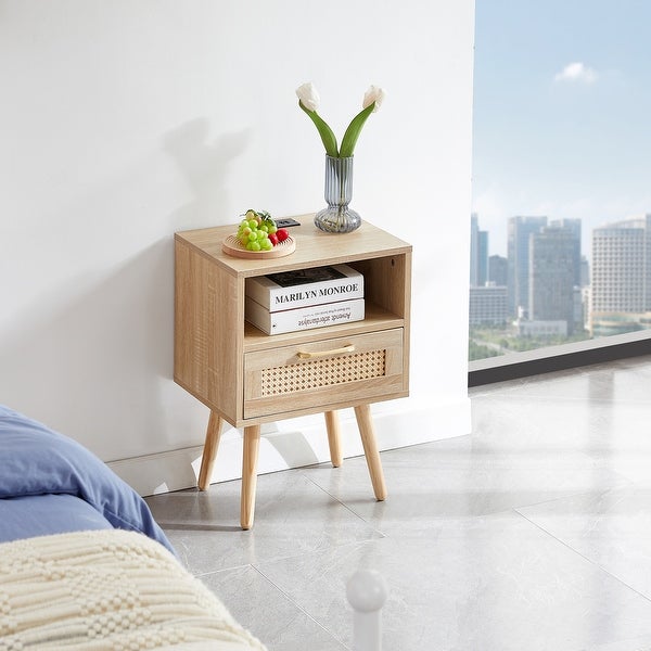 Modern Side table with Drawer and Solid Wood Legs，Rattan Nightstand with Power Outlet and USB Ports