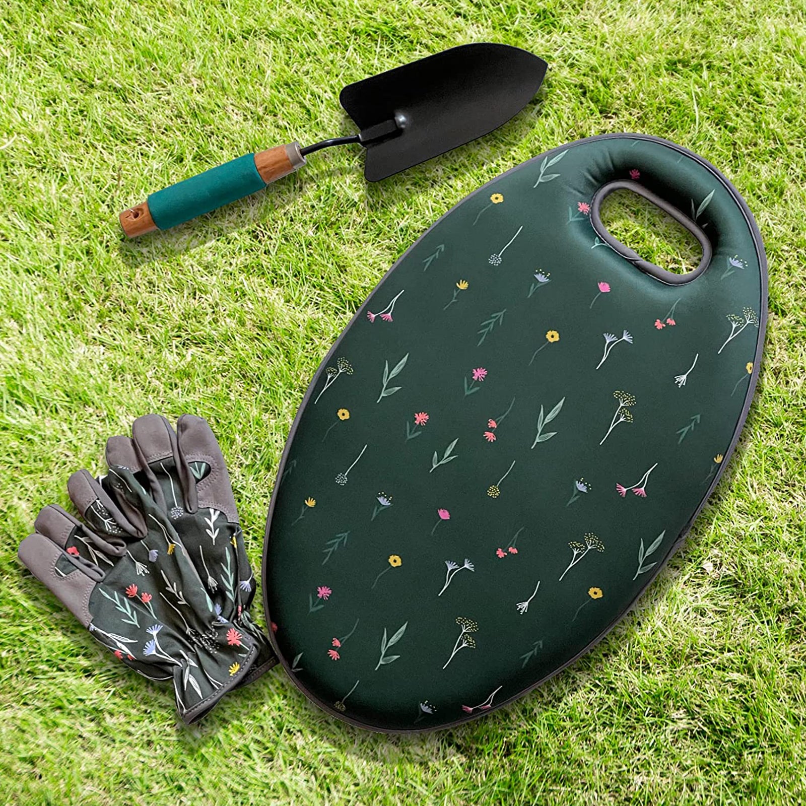 BIGTREE Garden Kneeling Pad with 2 Pairs Gardening Gloves Set for Lawn Yard Garden Work Floral Pattern Green