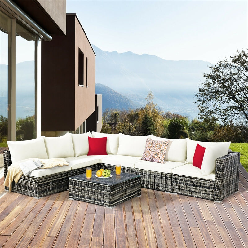 7 Pcs Rattan Patio Sectional Couch Set Outdoor Wicker Furniture Set with Cushions & Coffee Table