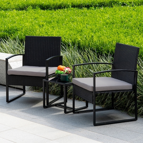 3 Piece Patio Bistro Set Outdoor Furniture Set with Glass Table，Rattan Conversation Sets for Porch Garden Balcony