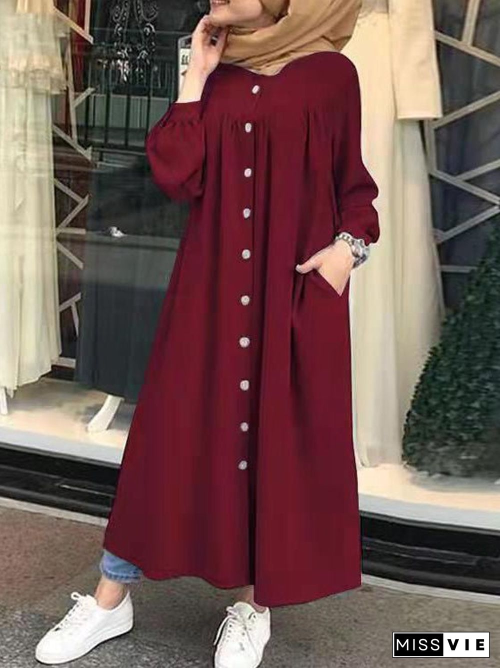 Women'S Dresses Solid Pocket Button Long Sleeve Shirt Dress