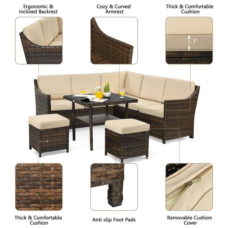 6 Pcs Rattan Patio Dining Furniture Sectional Corner Sofa Set with Dining Table & 2 Ottomans