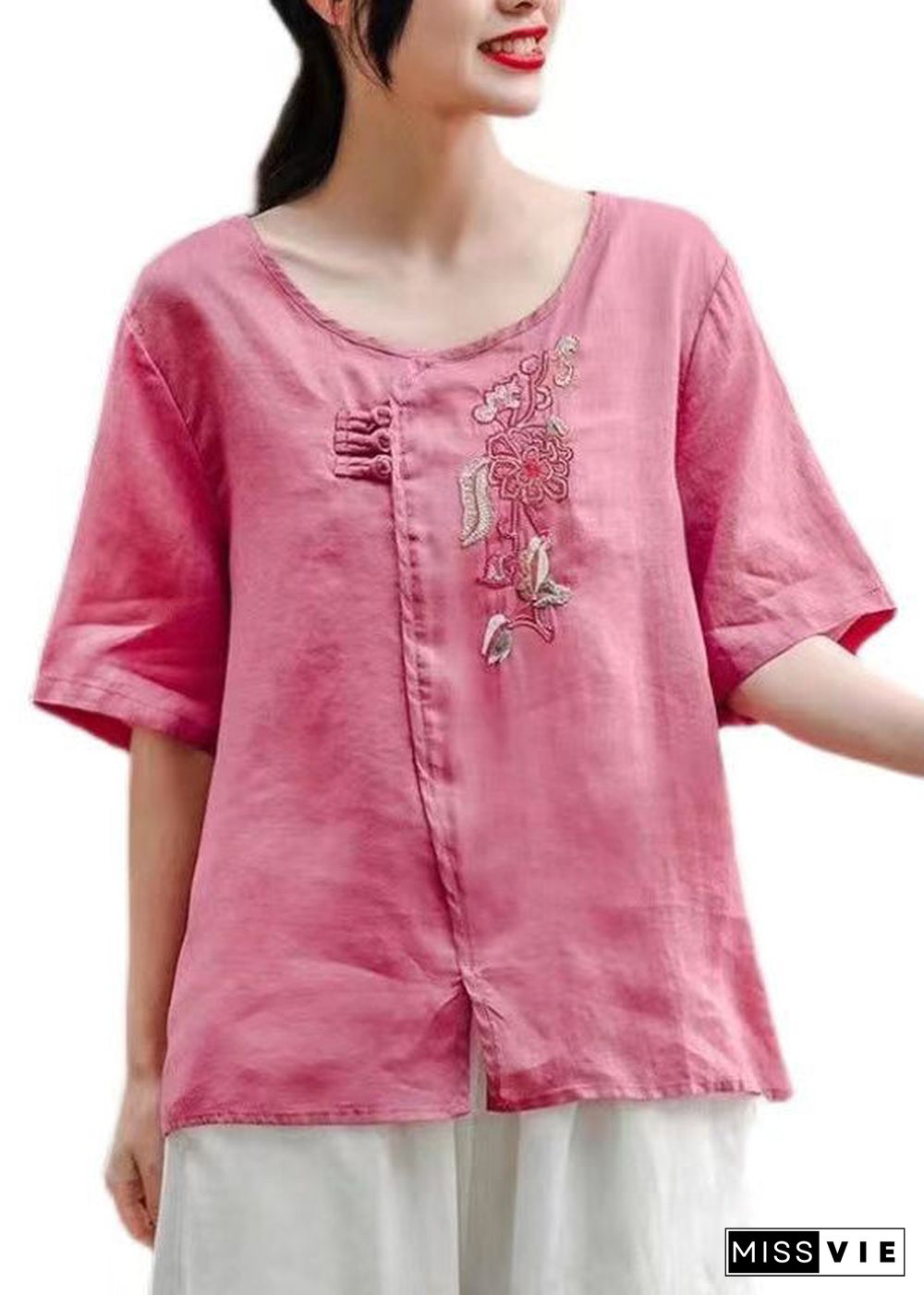 Women Rose O-Neck Side Open Patchwork Cotton T Shirt Summer