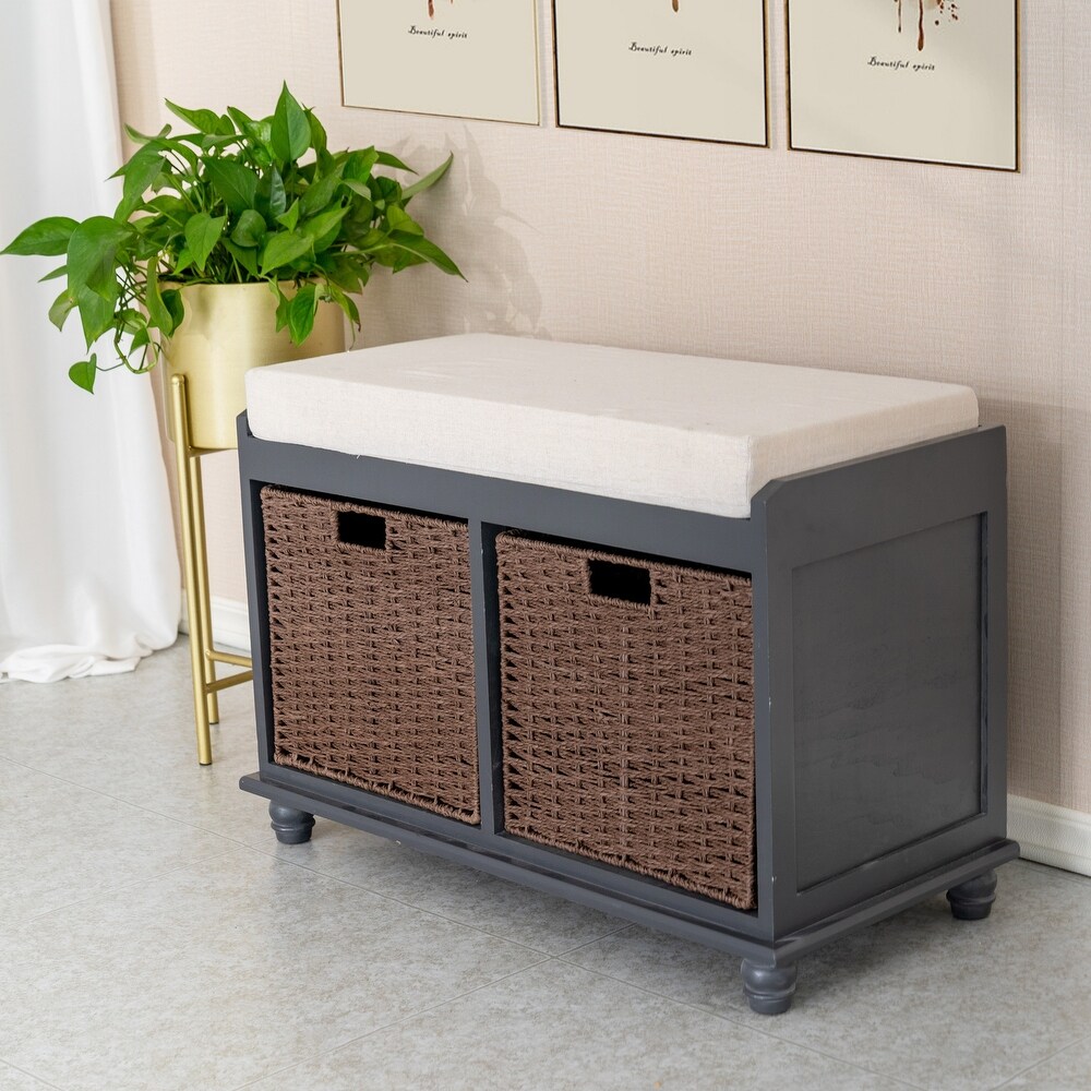 Wicker Basket 2 Drawer Storage Bench with Cushion