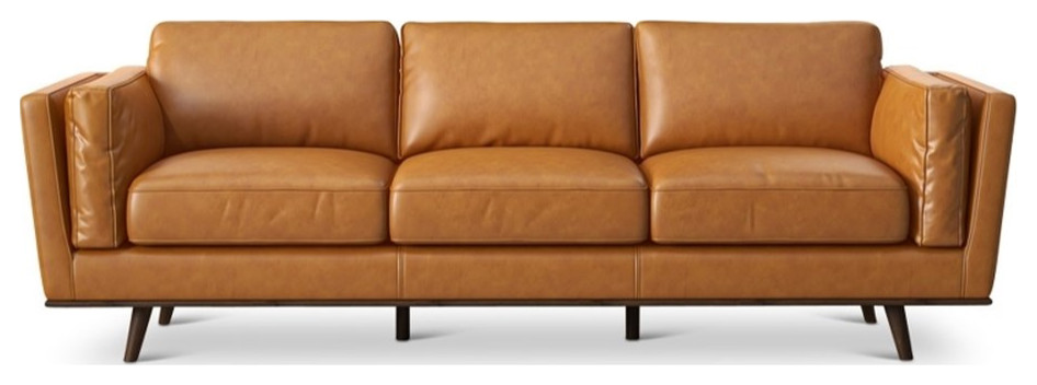 Pemberly Row Mid Century Modern Cushion Back Leather Sofa in Blue   Midcentury   Sofas   by Homesquare  Houzz