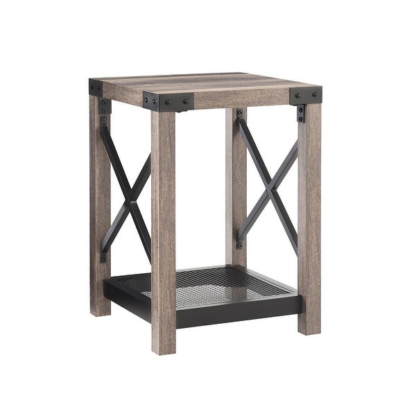 Wood Side Table with Mesh Shelf X-Design Side Nightstand Storage Shelf