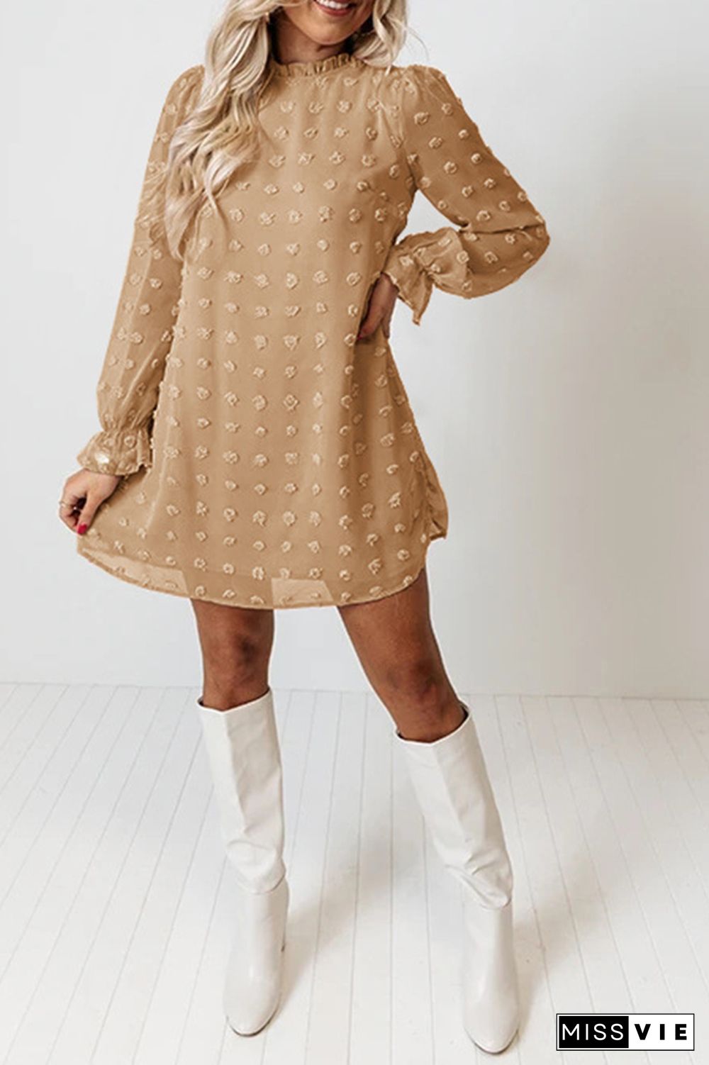 Sweet Chiffon Jacquard Bubble Long Sleeves Mini Dress Wholesale