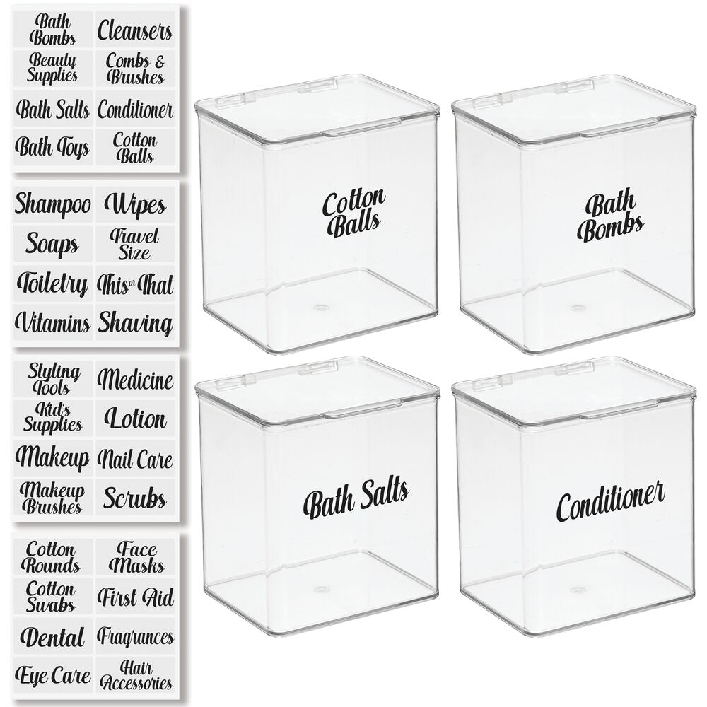 mDesign Stackable Plastic Storage Box with Hinged Lid - Organizer for Vitamins, Supplements, Essential Oils, Medicine, Bandages, First Aid Supplies - Pack of 4, Includes 32 Labels - Clear