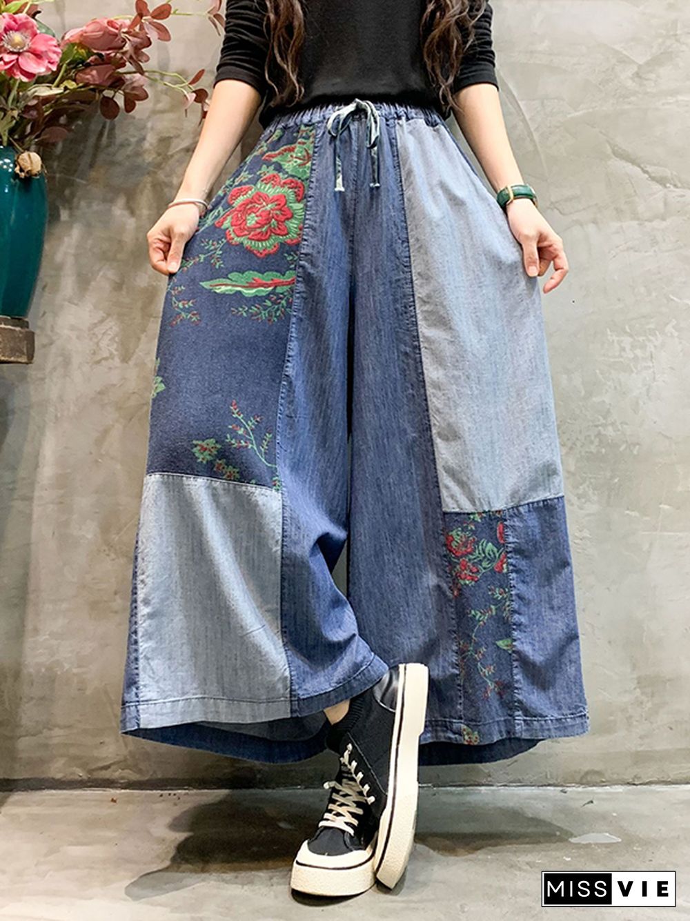 Casual Wide Leg Loose Color-Block Bandage Embroidered Jean Pants Bottoms