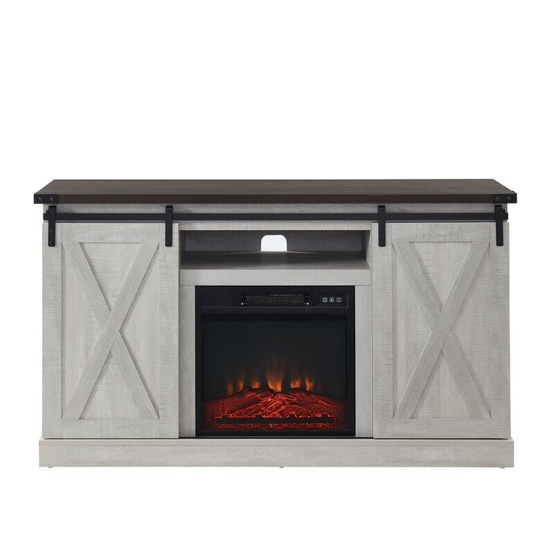 Fireplace TV Stand   Sliding Barn Door Farmhose Entertainment Center with 18'' Electric Fireplace Storage Cabinet