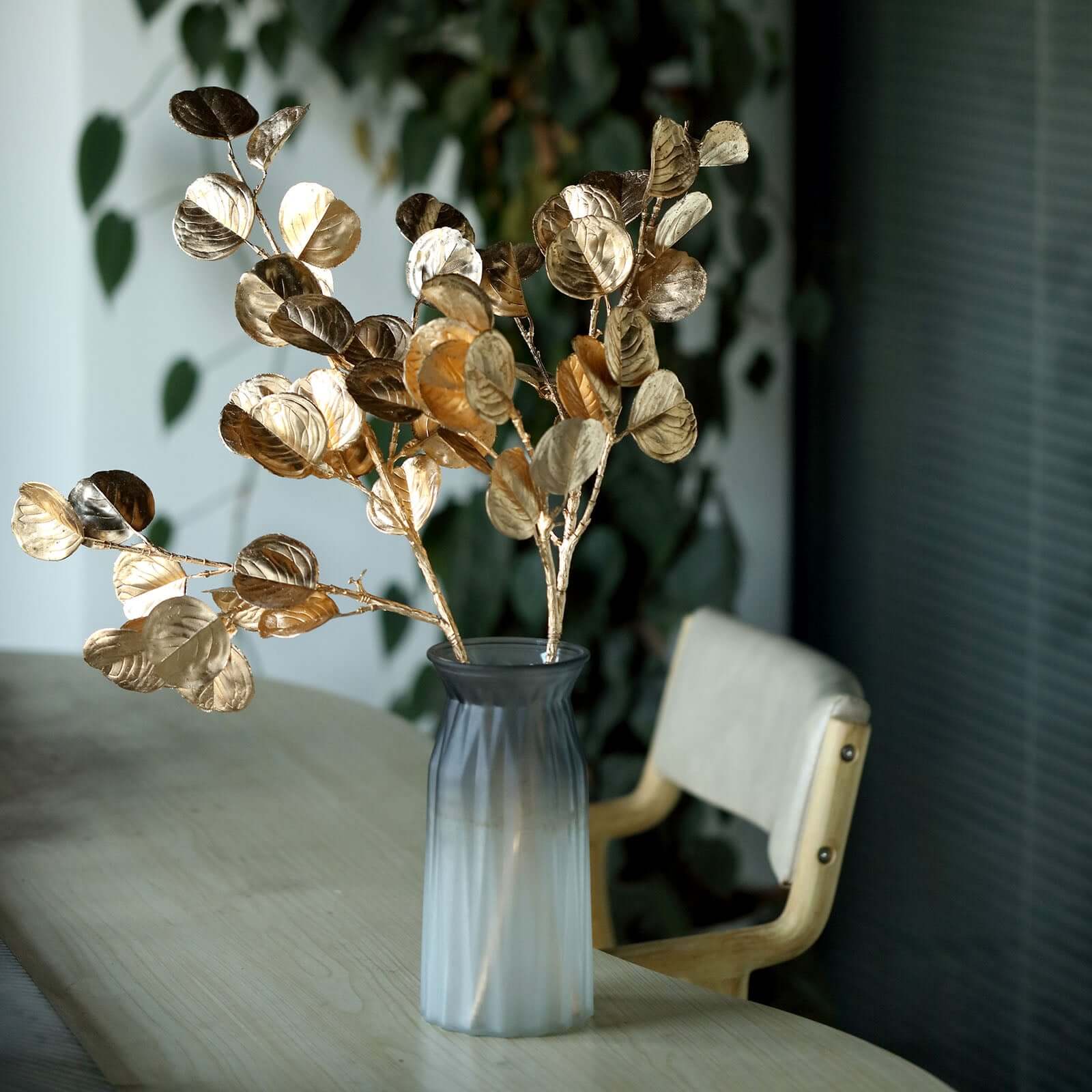 2 Pack Metallic Gold Artificial Round Eucalyptus Leaf Branches, Faux Decorative Bouquets 27