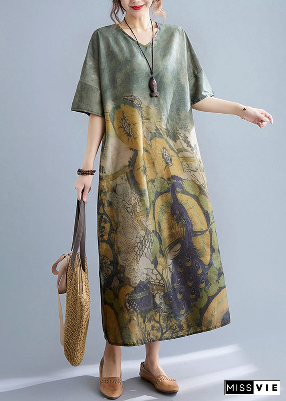 Elegant Peacock Green V Neck Print Side Open Dresses Short Sleeve