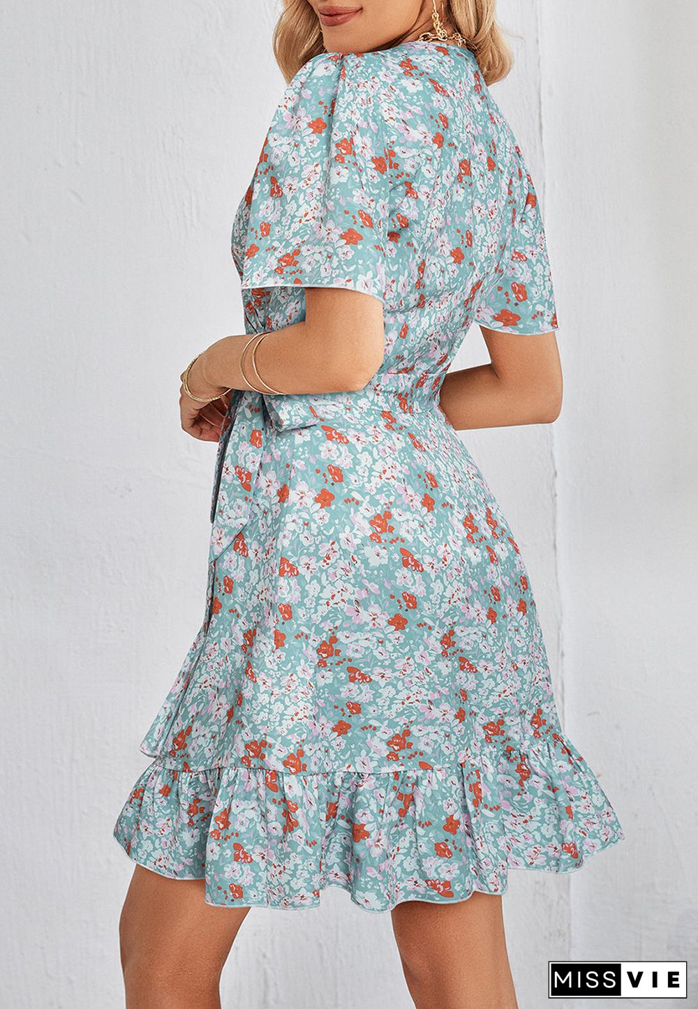 Floral Print Ruffle Hem Wrap Dress