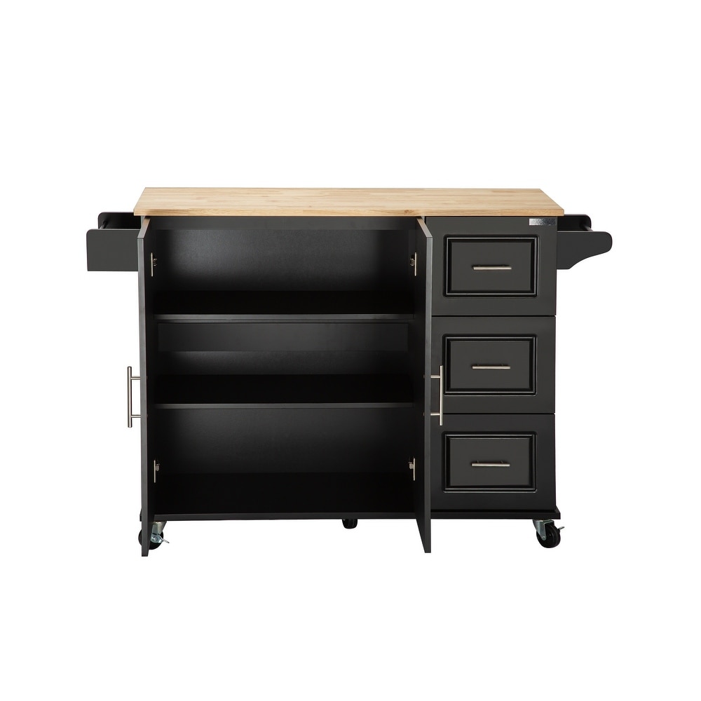 Kitchen Island with Extensible Rubber Wood Table Top Kitchen Cart with Storage Cabinet   Drawers for Dinning Room Black