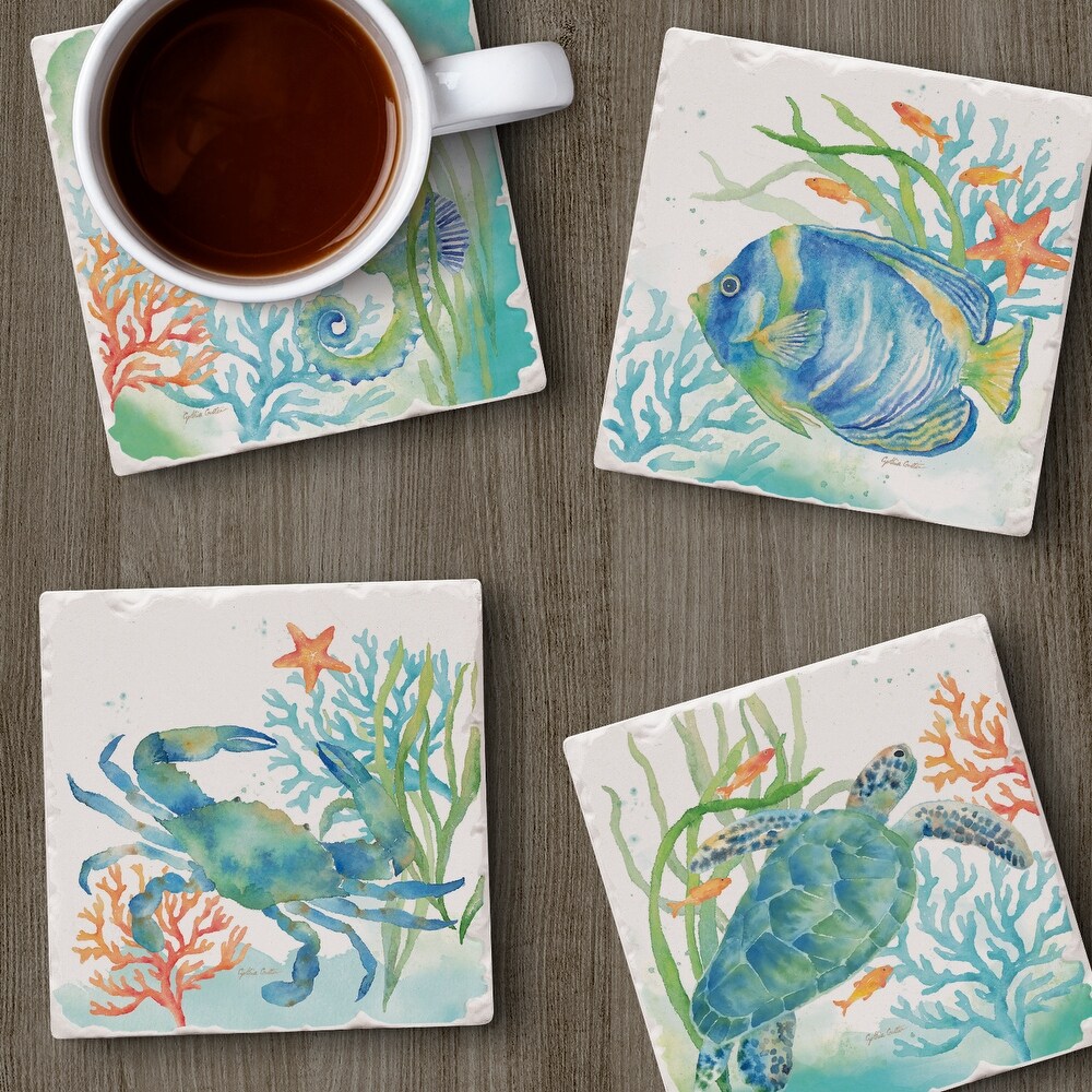 Counterart Absorbent Stone Coaster  Sea Life Serenade  Set of 4   4.01x4.20