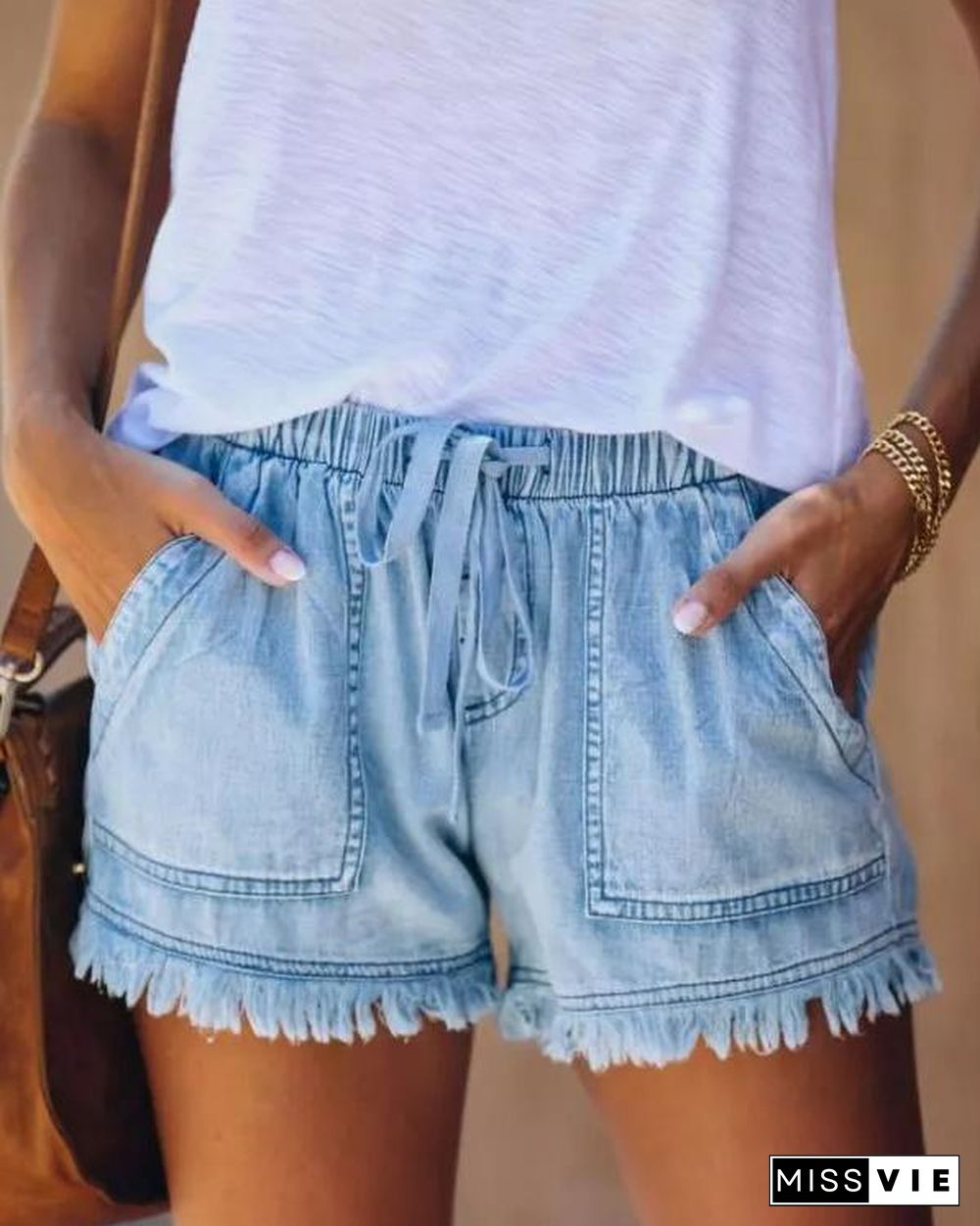 Elastic Waist Burr Denim Shorts