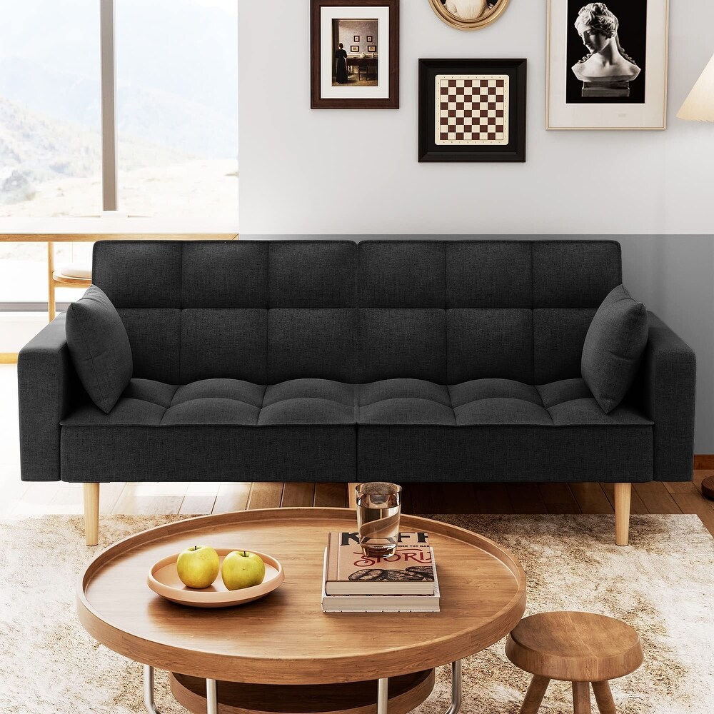 Linen Couches Upholstered Futon Sofa Bed with Thicken Wood Legs