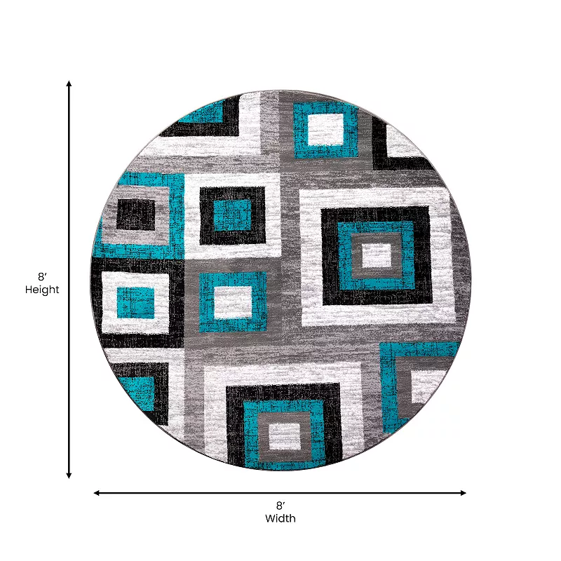 Masada Rugs Newton Collection Modern 8'x8' Round Accent Rug with Geometric Square Pattern in Turquoise， Gray and White