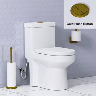 HOROW 1-piece 0.81.28 GPF High Efficiency Dual Flush Round Toilet in White with Seat Included and Brushed Gold Button HR-0033G