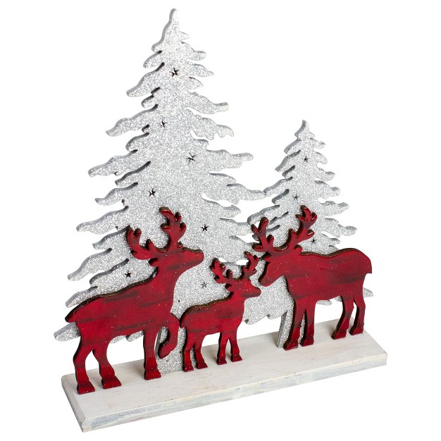 Reindeer Family With Sliver Glittered Trees Christmas Decoration