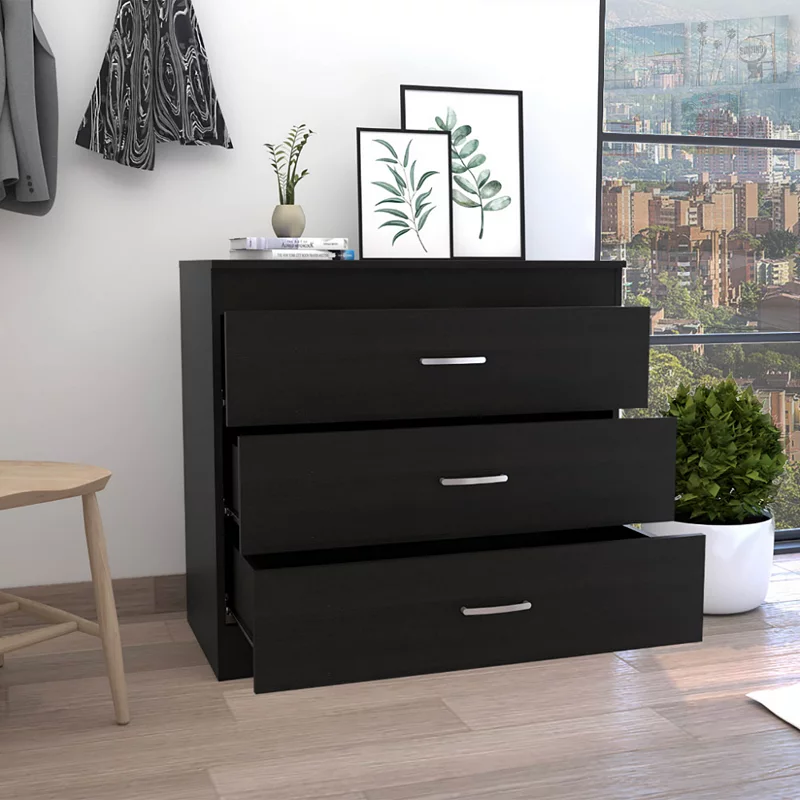 DEPOT E-SHOP Zurich Three Drawers Dresser， Metal Hardware， Superior Top， Black