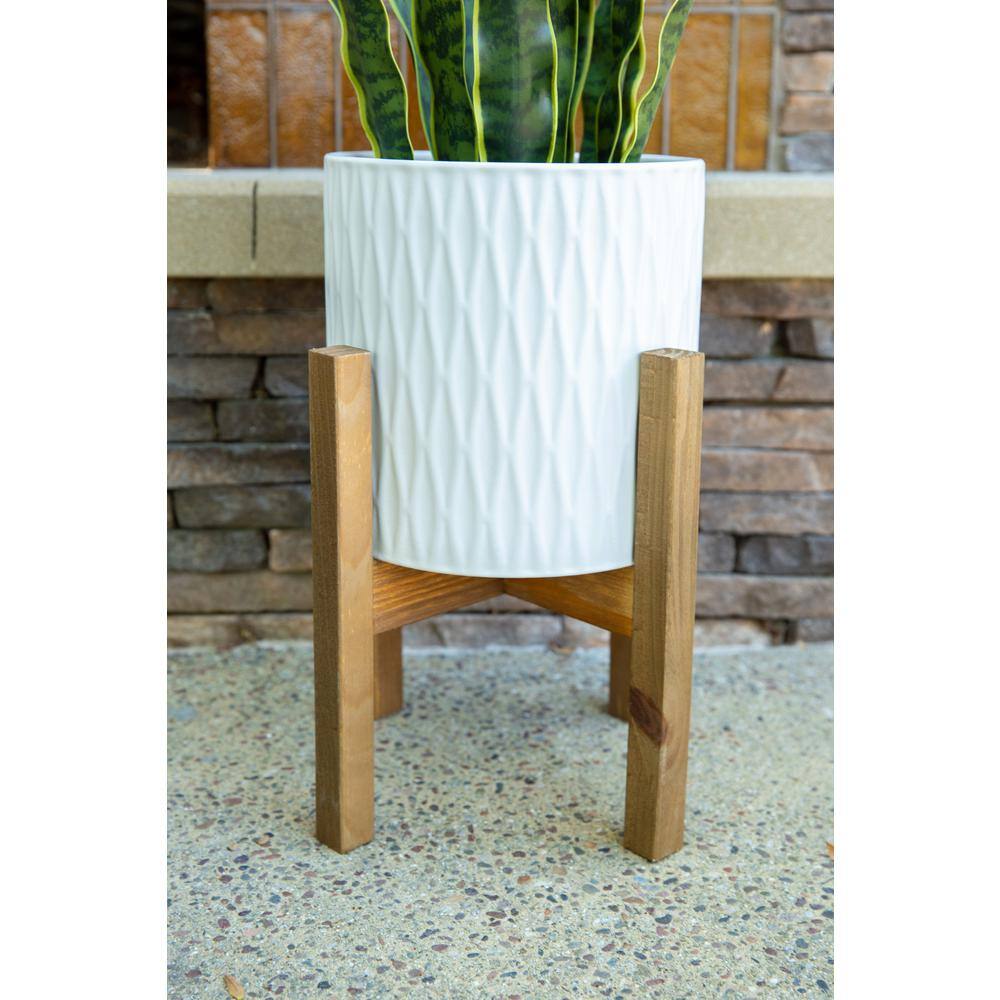 Flora Bunda 10 in. and 8 in. Matte White Ridge Ceramic Planter on Wood Stand Mid-Century Planter (Set of 2 ) CT1031E2-MTWH