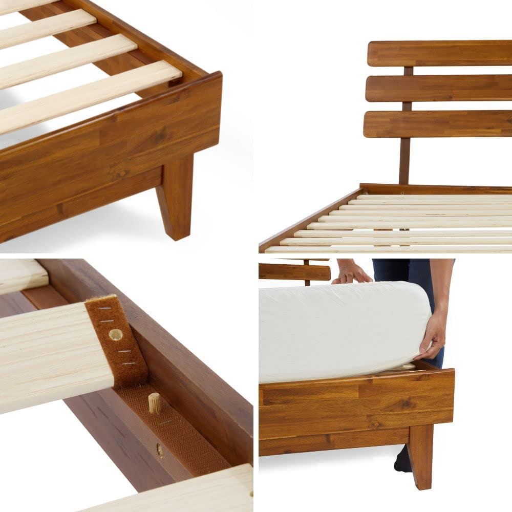 BME King Size | Caden Deluxe Wooden Bed Frame, Adjustable Headboard, Hard Acacia Wood, Mid-Century Style, Caramel