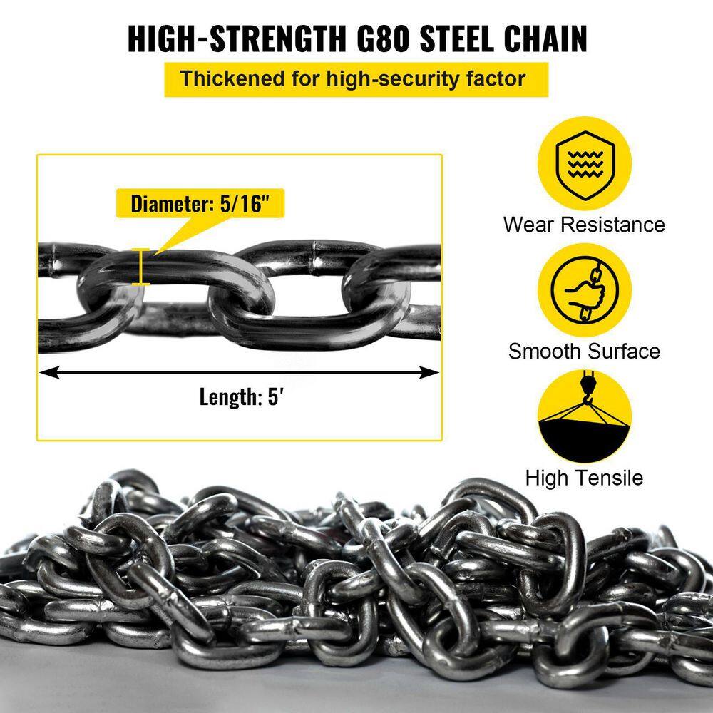 VEVOR 5 ft. Hoist Chain Sling 516 in. Engine Lift Chain G80 Alloy Steel 3-Ton with 4 Leg Grab Hooks and Adjuster 1.5MSGLT000000001V0