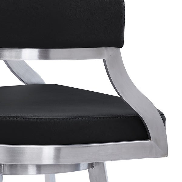 Armen Living Saturn Contemporary Barstool in Brushed Stainless Steel Finish and Black Faux Leather