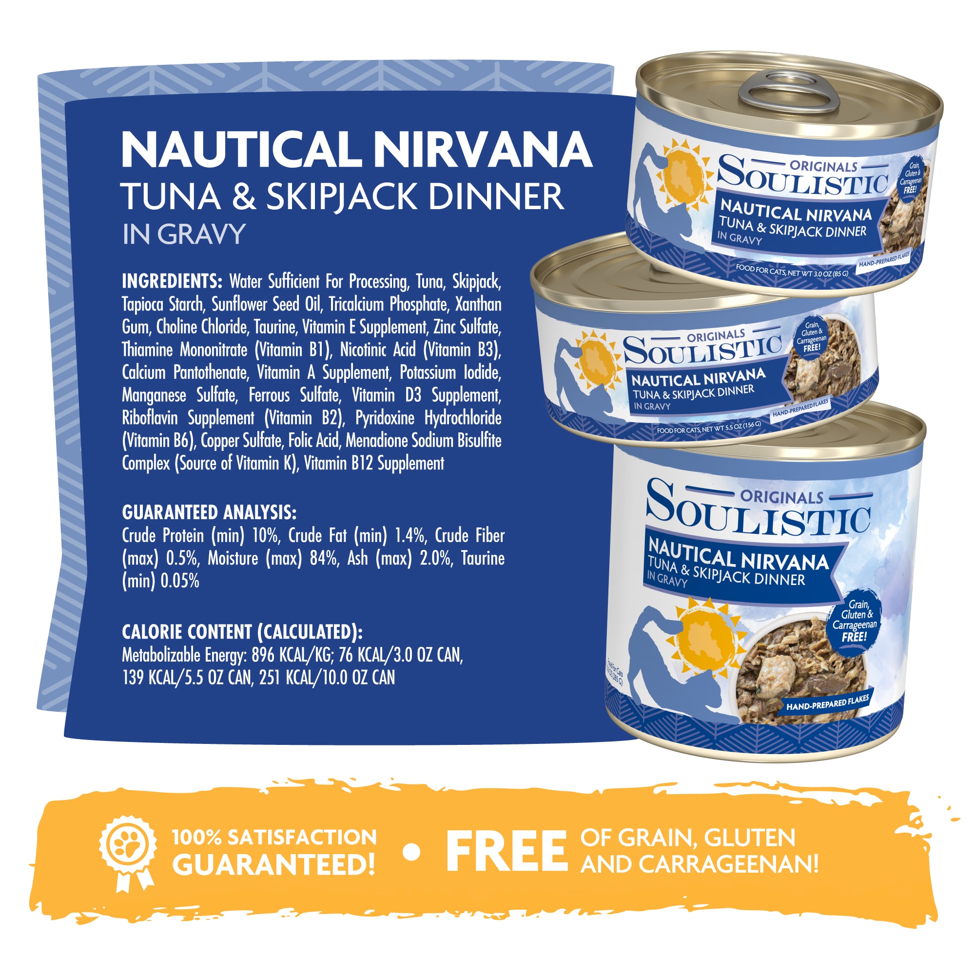 Soulistic Originals Nautical Nirvana Tuna  Skipjack Dinner in Gravy Wet Cat Food， 3 oz.， Case of 12