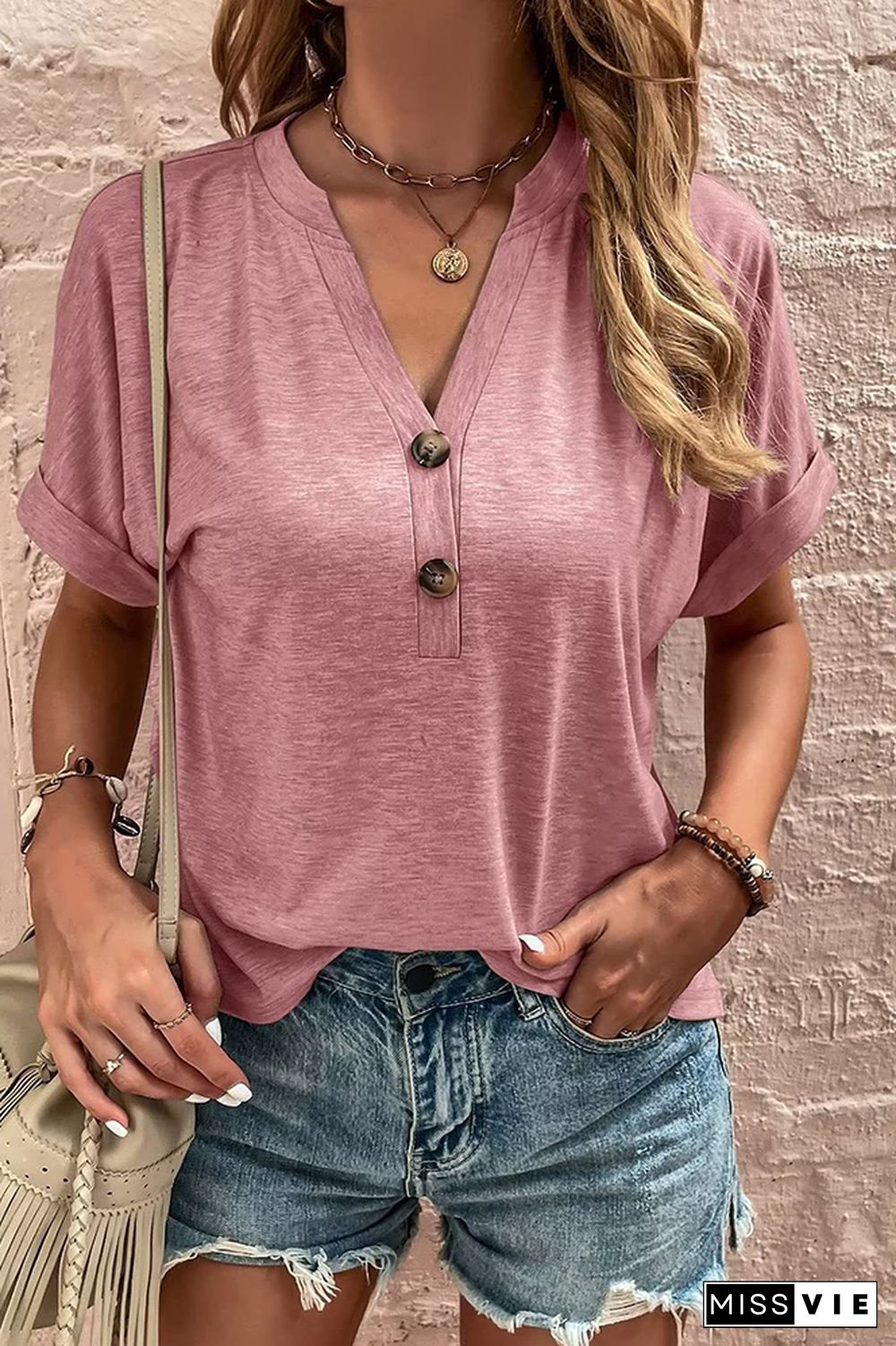 Plain V Neck Buttoned Tee