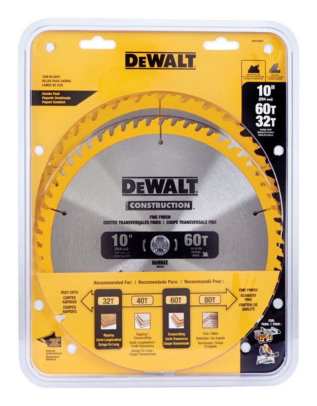 DW 10 in. D X 5/8 in. Carbide Circular Saw Blade 32， 60 teeth 2 pk