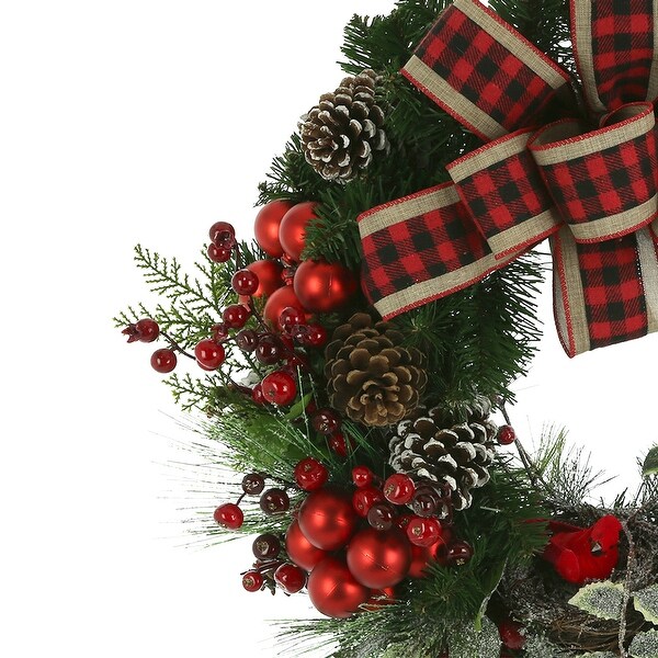 Evergreen Wreath with Large Plaid Bow and Berries