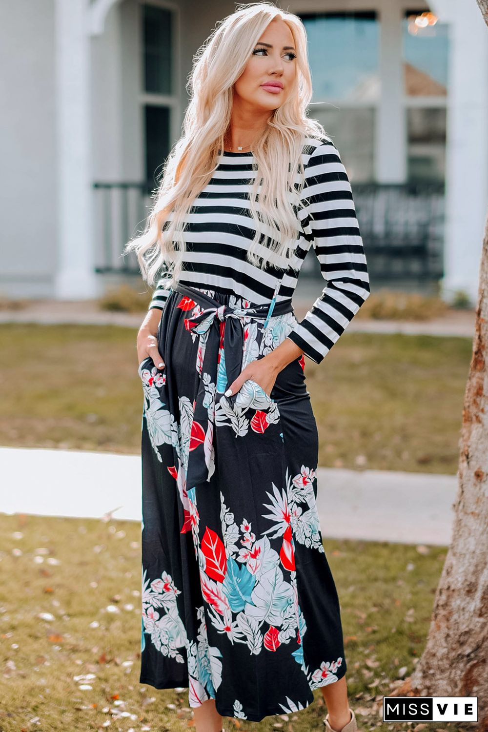 Striped Floral O-Neck Long Dress