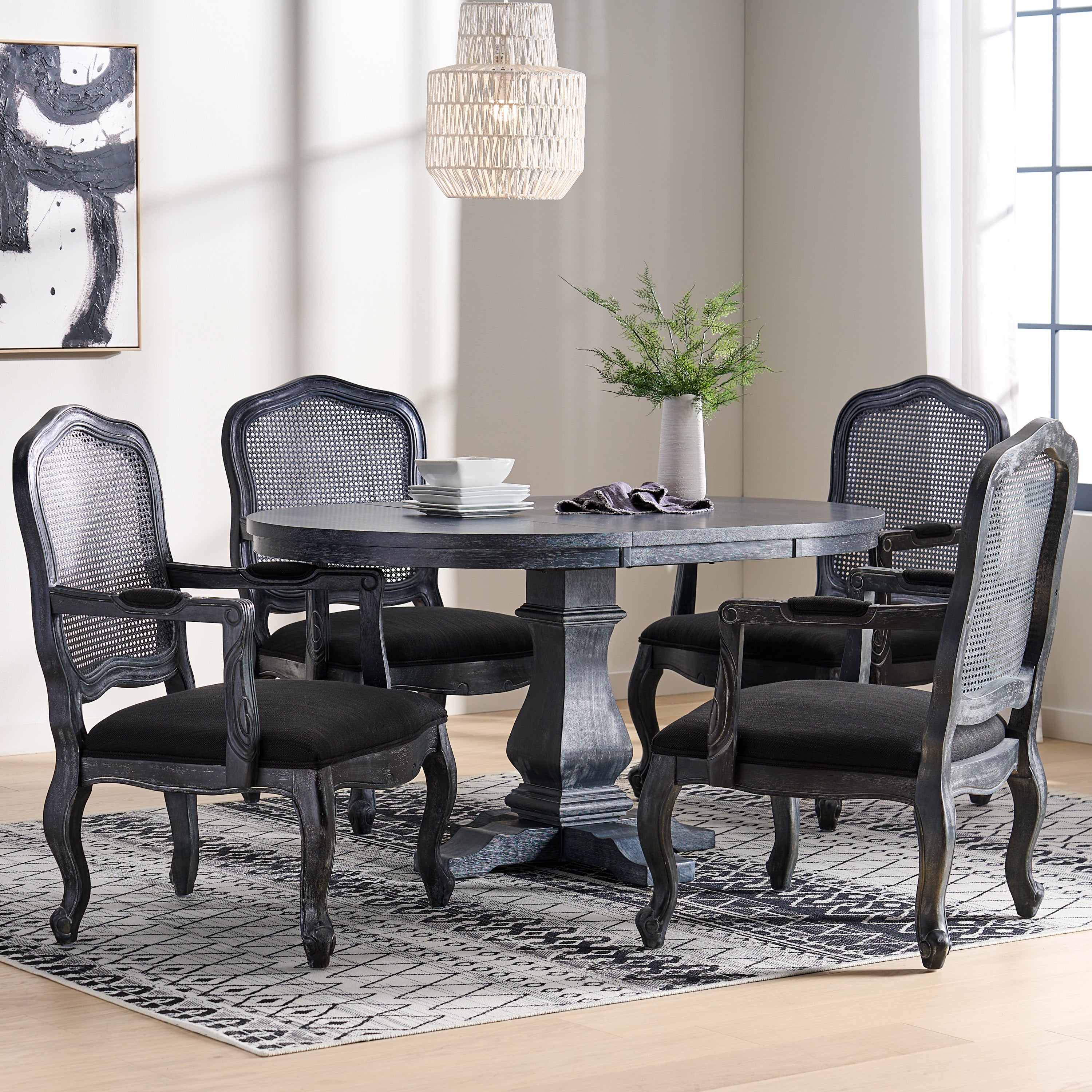 Biorn French Country Wood and Cane 5-Piece Expandable Oval Dining Set