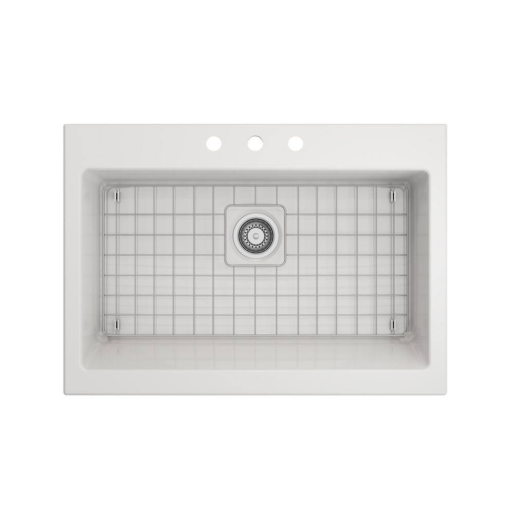 BOCCHI Nuova White Fireclay 34 in. Single Bowl Drop-In Apron Front Kitchen Sink with Protective Grid and Strainer 1500-001-0127