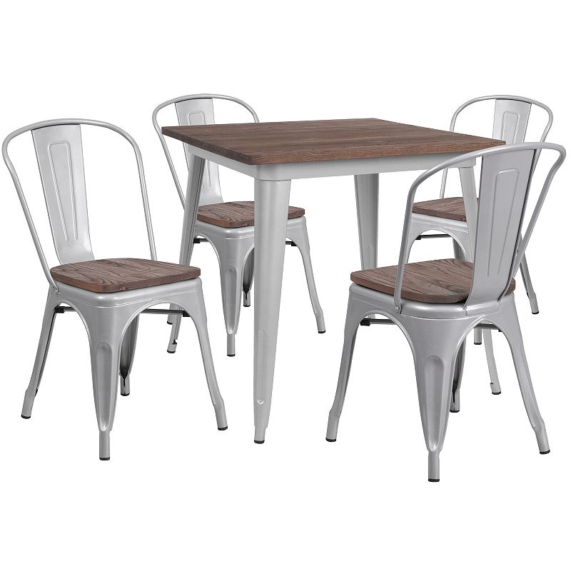 Emma and Oliver 31.5 Square Silver Metal/Wood Table Set - 4 Stack Chairs