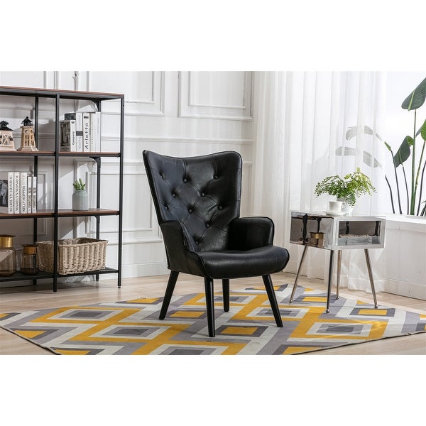 PU Leather Accent Chair for Living Room， Modern Tufted Button Wingback Reading Chair Arms Side Chair with Solid Wood Legs