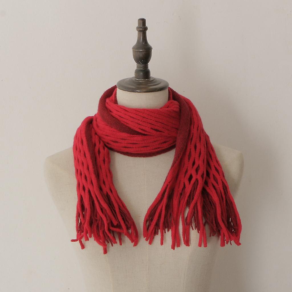 Woman Warm Chic Fringe Scarf Hollow Out Tassels Knitting Knit - Red