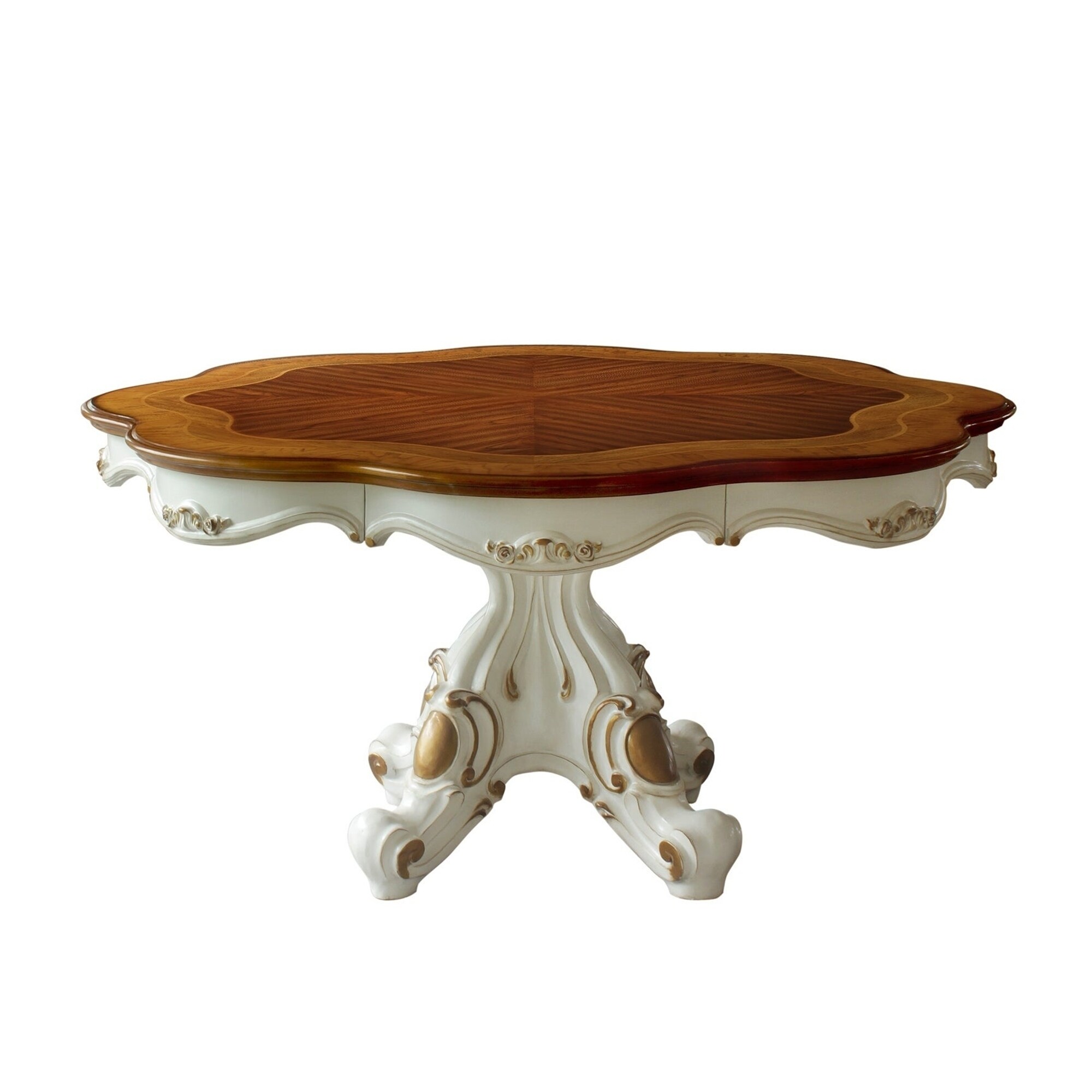 Wooden Top Dining Table with Pedestal Feet， Antique Pearl and Cherry Oak