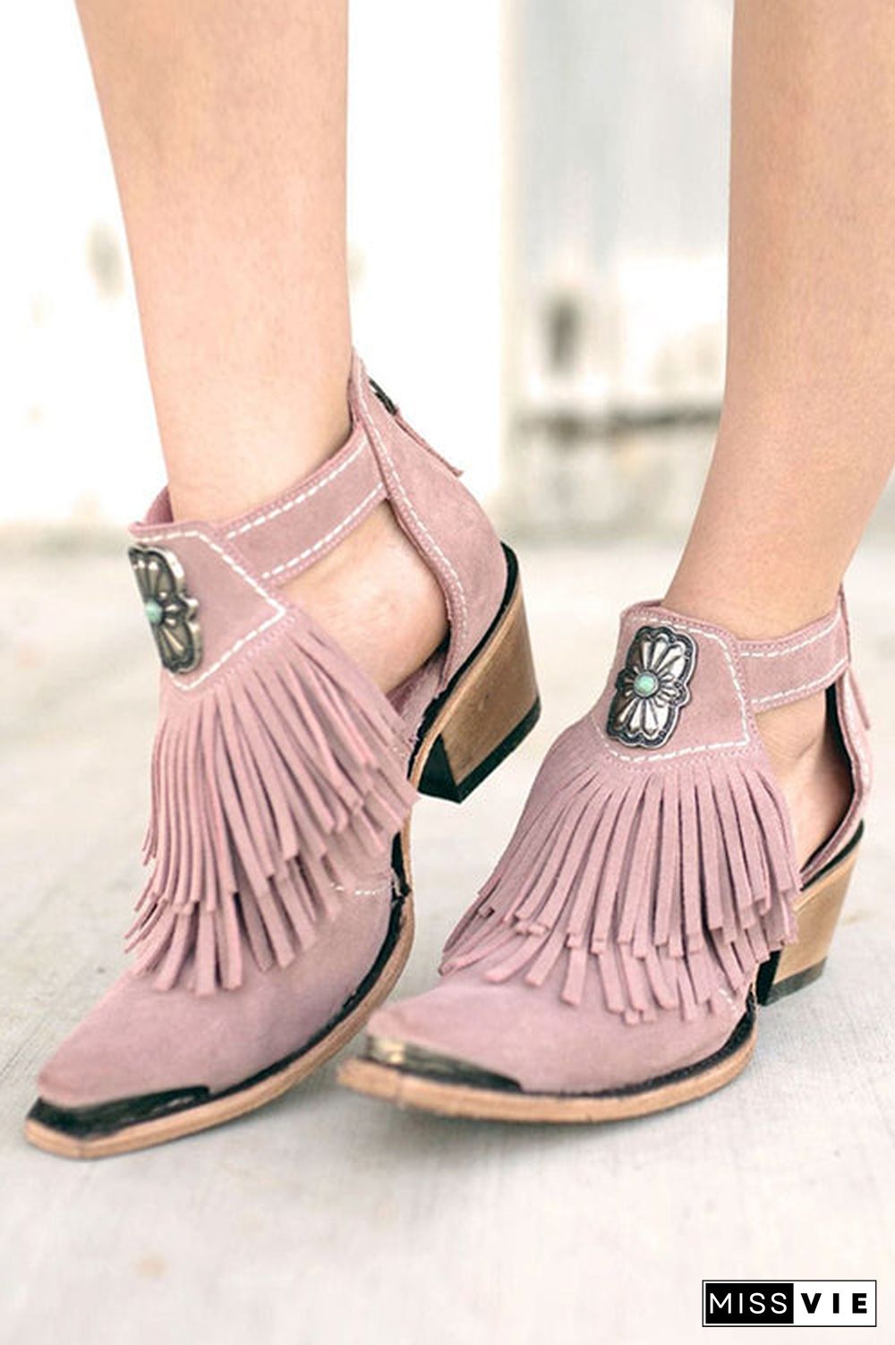 Hollow Tassels Chunky Heels Ankle Boots