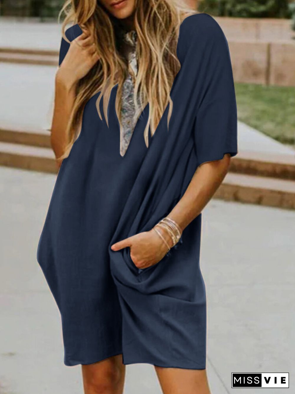 Leisure Solid Pocket Half Sleeve Midi Dress