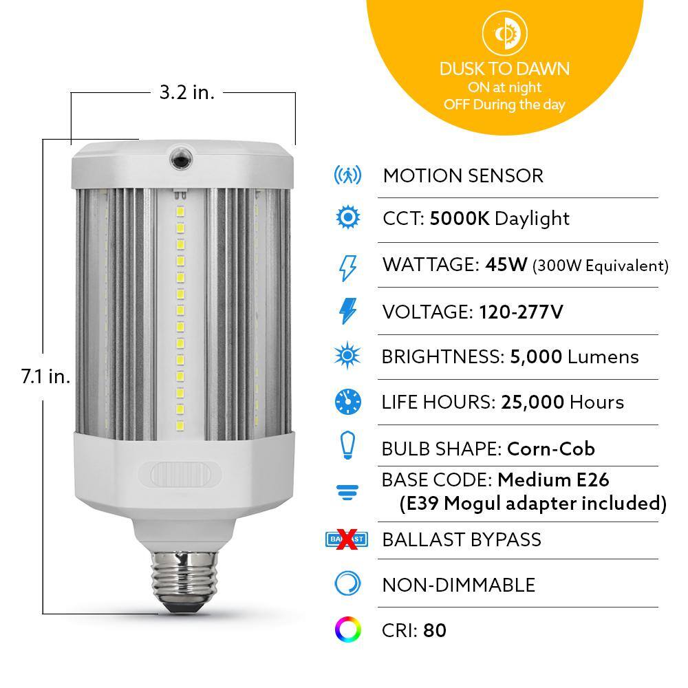 Feit Electric 300W Equivalent Corn Cob Motion Activated  Dusk To Dawn High Lumen HID Utility LED Light Bulb Daylight 5000K (1-Bulb) C50005KDDMMLEDHDRP