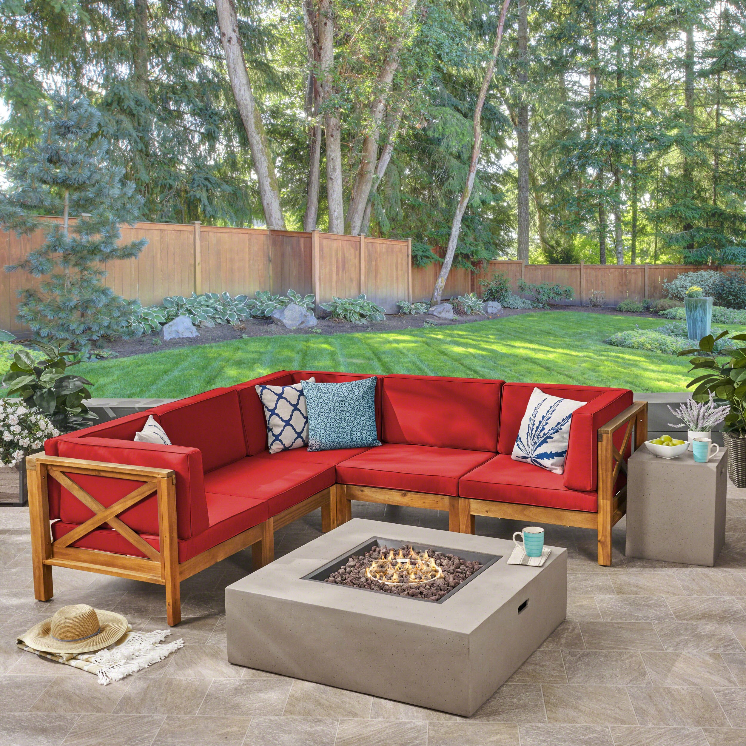 Cynthia Outdoor Acacia Wood 7-Piece Sectional Sofa Set with Fire Pit