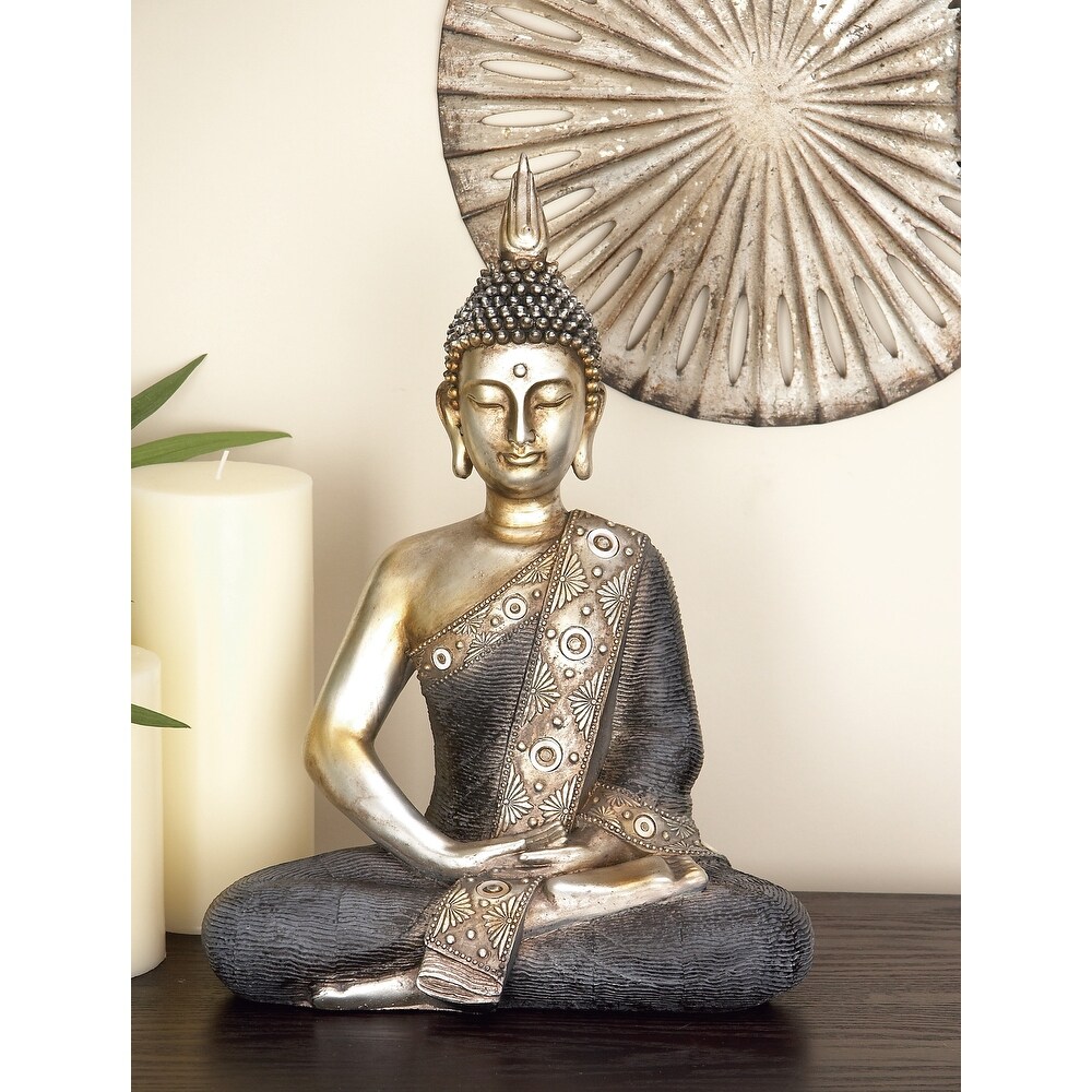 Brass Polystone Bohemian Buddha Sculpture with Engraved Carvings and Relief Detailing   12 x 6 x 16