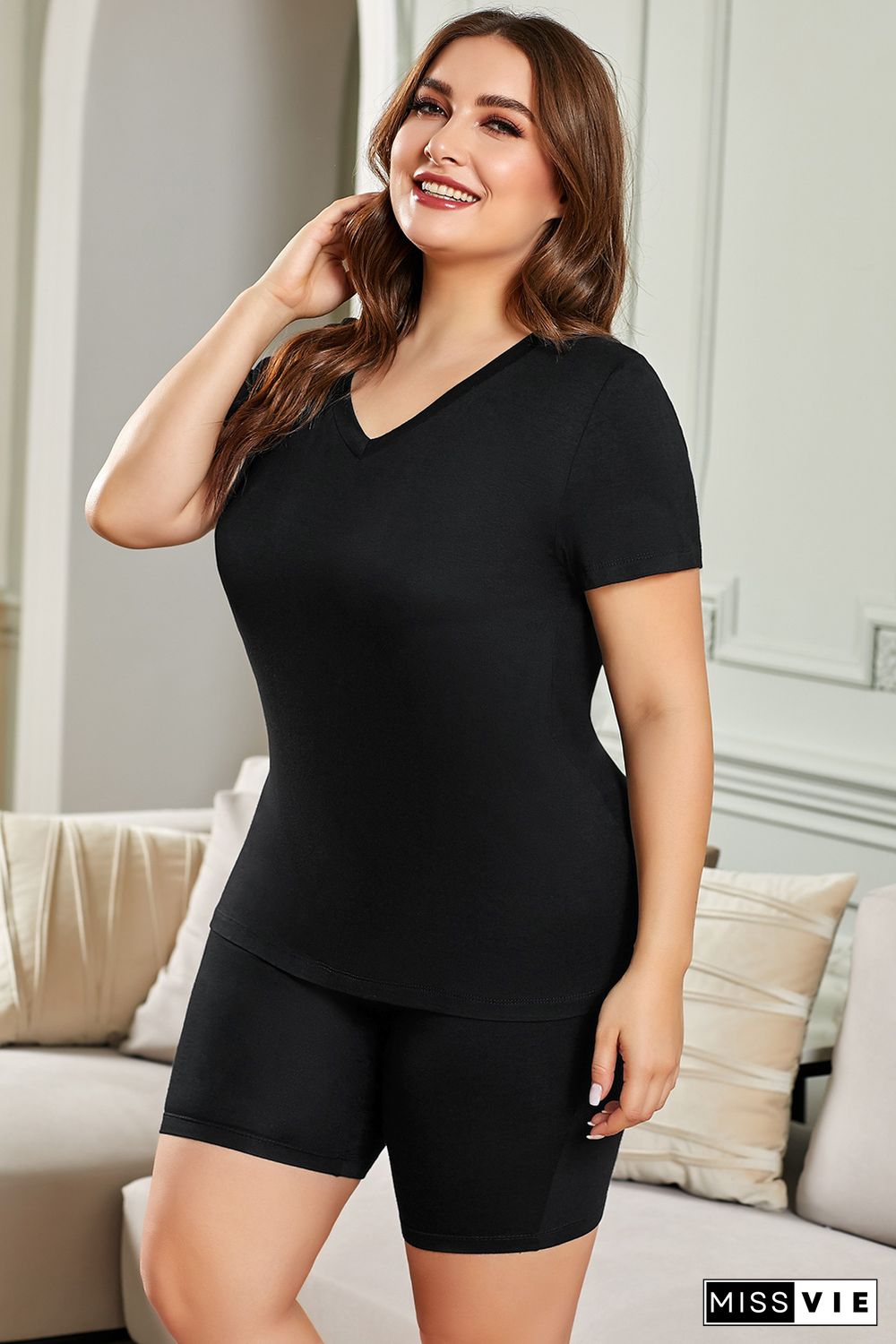 Black Plus Size V Neck T-shirt and Shorts Loungewear