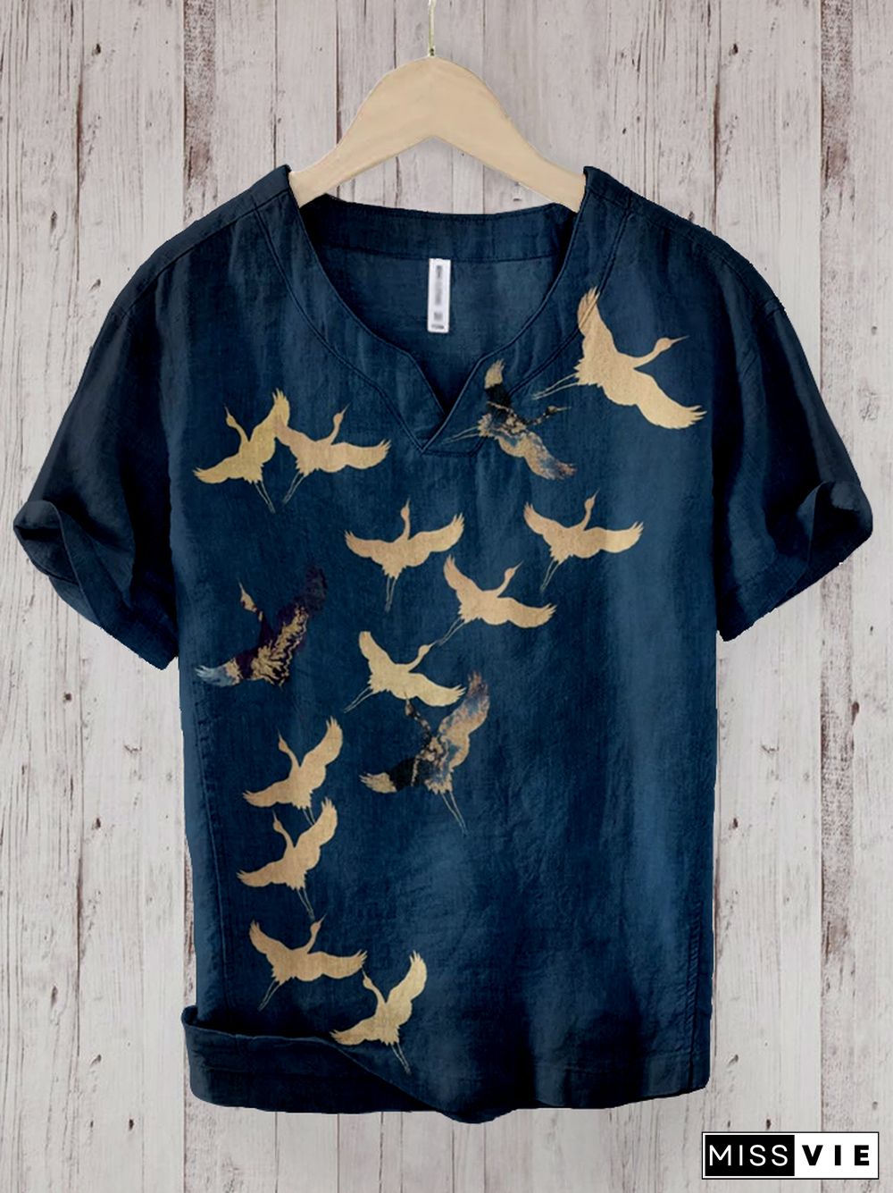 Japanese Crane Formation Pattern Linen Blend Shirt