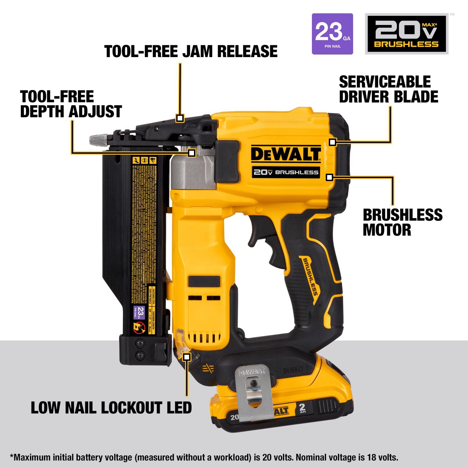 DW Atomic 23 Ga. Cordless Compact Pin Nailer Kit (Battery \u0026 Charger) 20 V