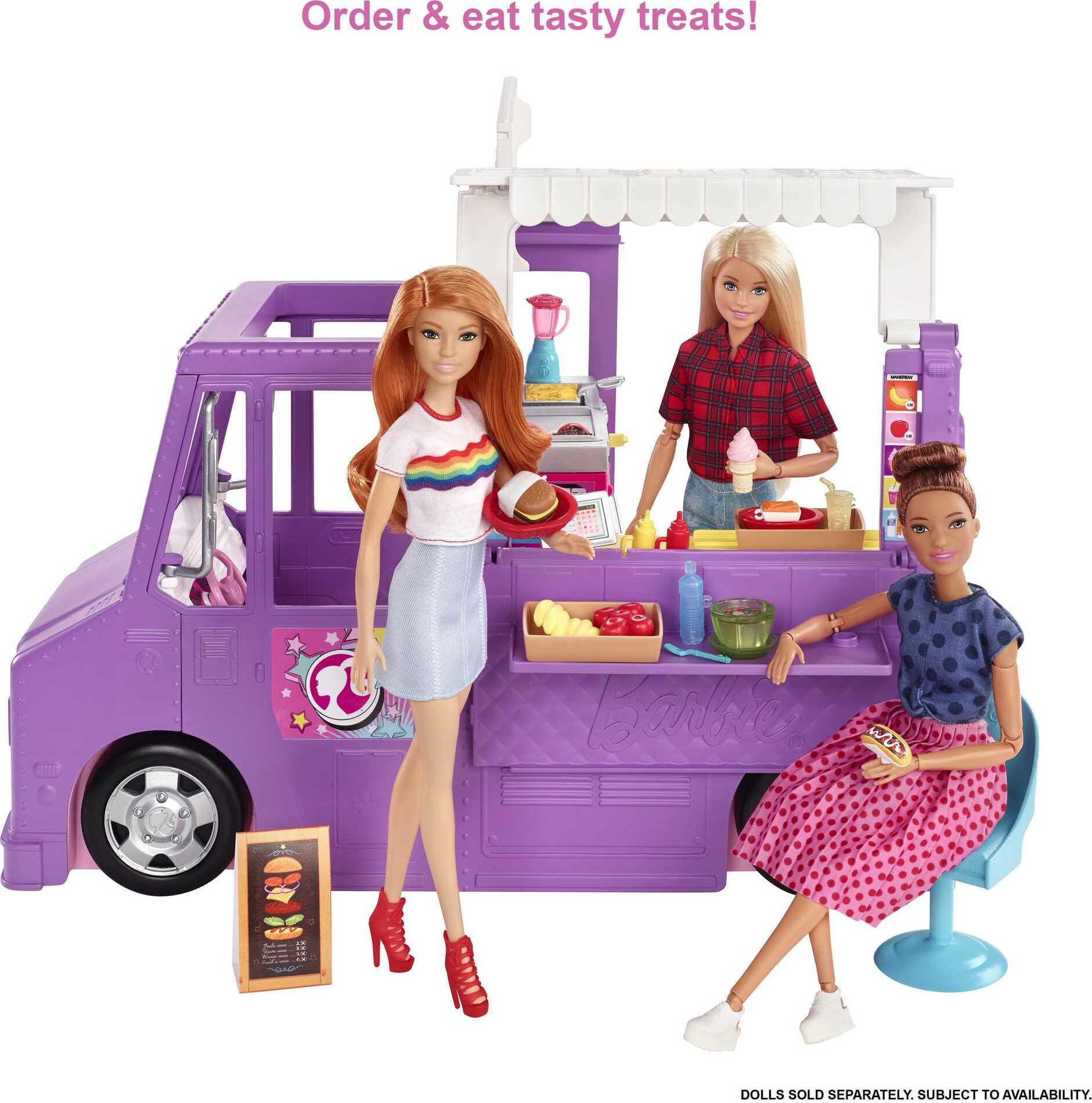 Barbie Fresh 'n Fun Food Truck Playset with Blonde Doll and 30+ Accessories. Lift Side for Kitchen